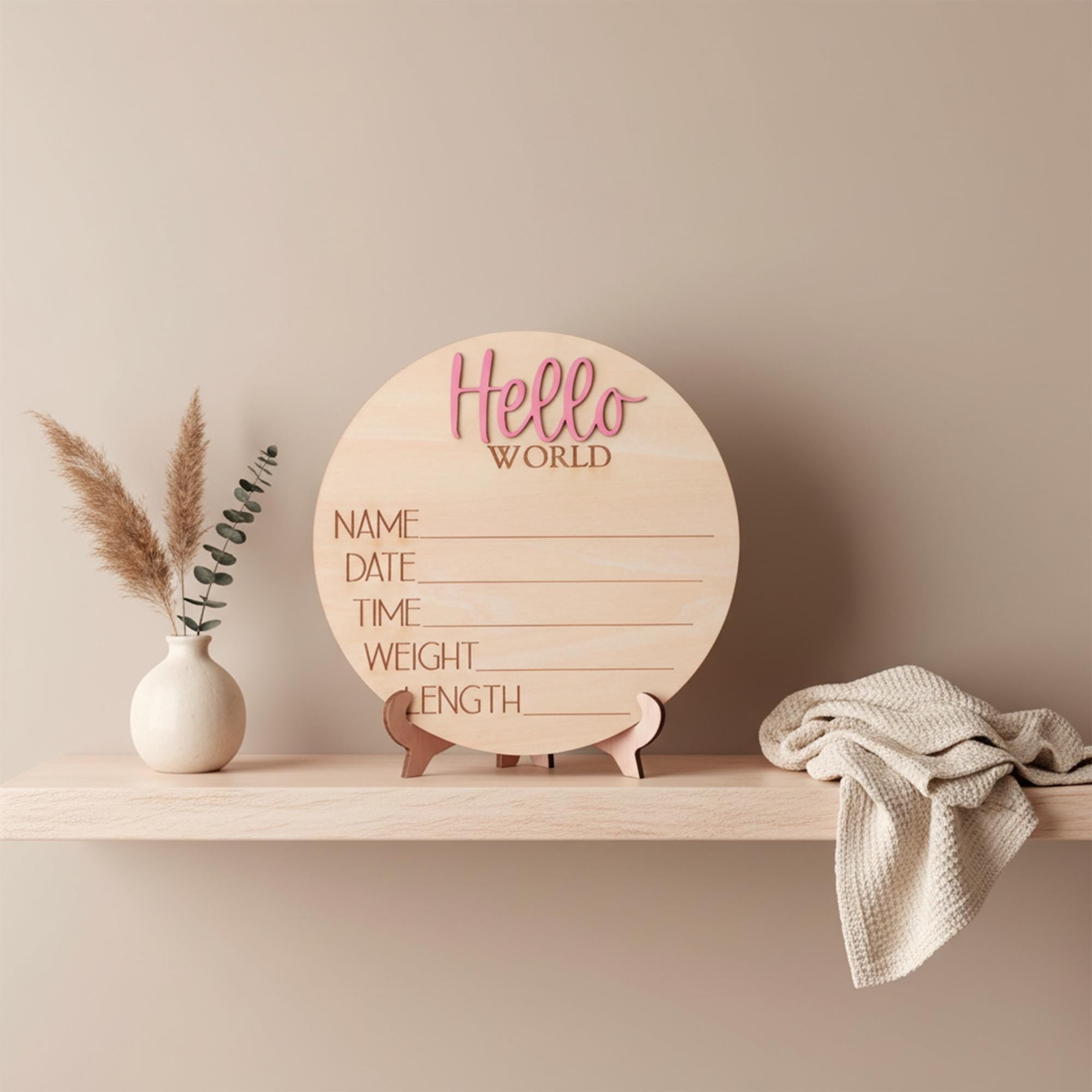 Hello World Baby Birth Stats Sign Personalized Wooden Newborn Announcement