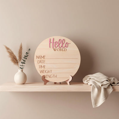 Hello World Baby Birth Stats Sign Personalized Wooden Newborn Announcement