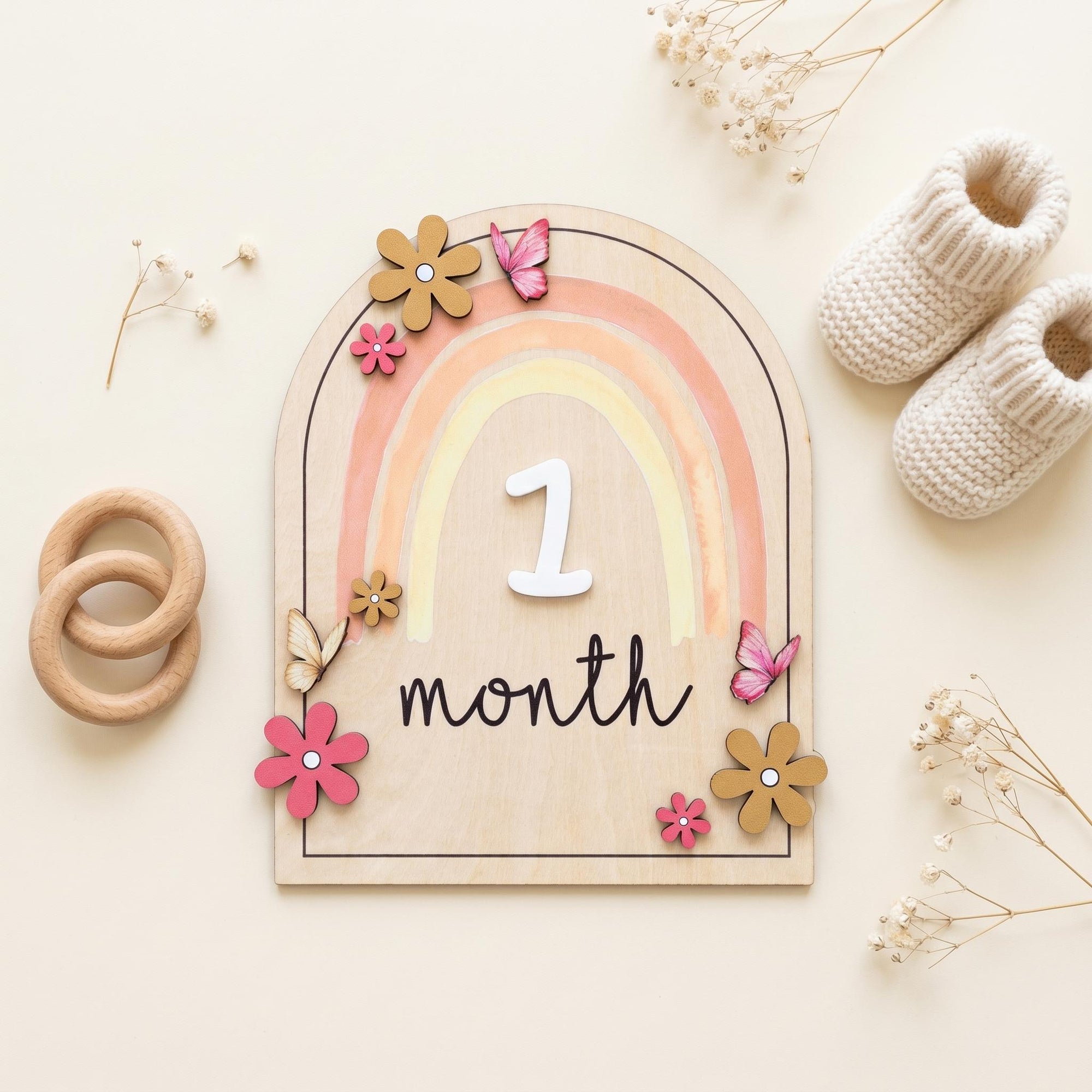 Double Sided Milestone Set | Reversible Boho Rainbow Wood Disc | 3D Butterfly Monthly Card | Custom Baby Girl Nursery Prop