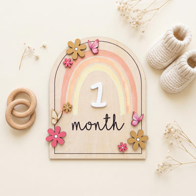 Double Sided Milestone Set | Reversible Boho Rainbow Wood Disc | 3D Butterfly Monthly Card | Custom Baby Girl Nursery Prop