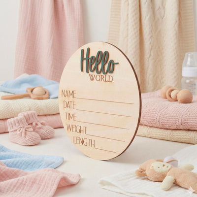 Newborn Hospital Baby Sign Hello World Wooden Birth Stats Photo Prop