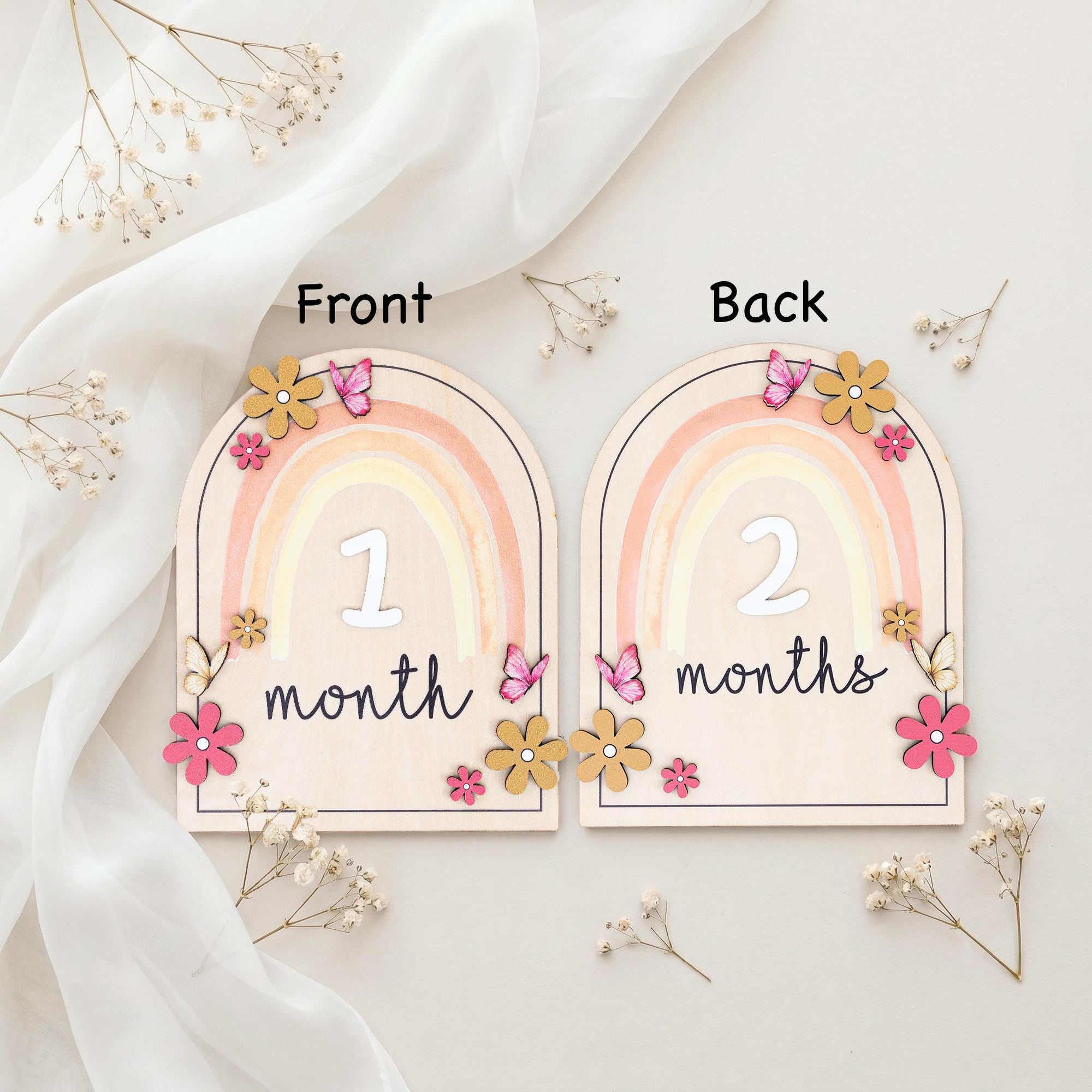 Double Sided Milestone Set | Reversible Boho Rainbow Wood Disc | 3D Butterfly Monthly Card | Custom Baby Girl Nursery Prop