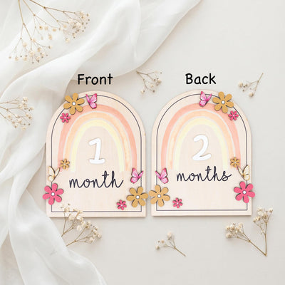 Double Sided Milestone Set | Reversible Boho Rainbow Wood Disc | 3D Butterfly Monthly Card | Custom Baby Girl Nursery Prop
