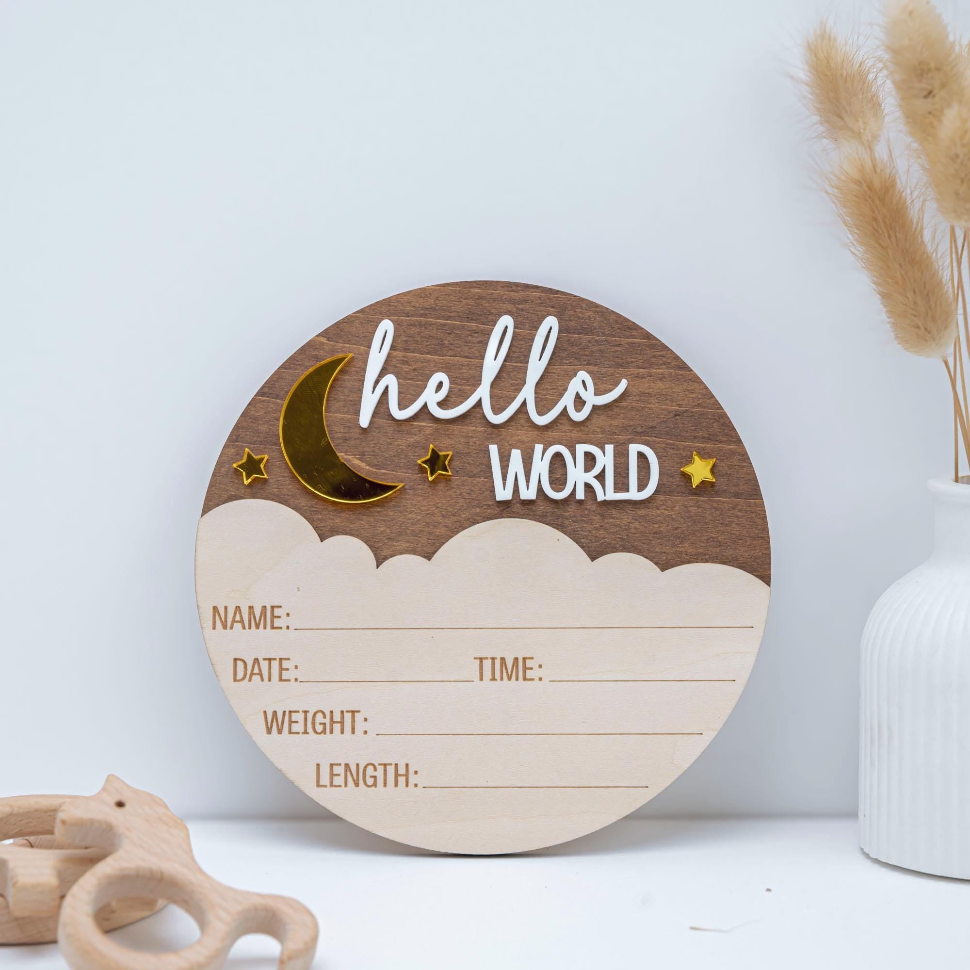Personalized Hello World Sign, Wooden Birth Announcement Sign, Moon & Stars Baby Name Reveal, Baby Birth Stats Sign, Nursery Space Theme
