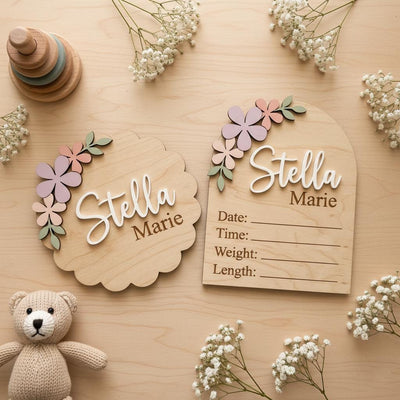 Pastel Floral Birth Stats Sign | Multi Style Arch or Scallop Wooden Plaque | 3D Name Baby Girl Announcement | Nursery Photo Prop