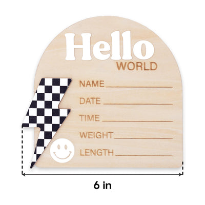Checkered Lightning Bolt Birth Stats Sign | Retro Groovy Baby Name Plaque | Hello World Arch Photo Prop | Smiley Face Nursery Decor | Gift