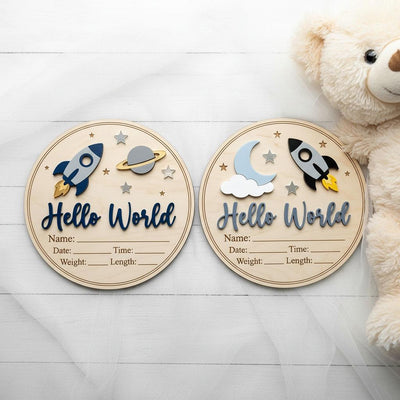 Blue Rocket Birth Stats Sign for Hospital | Round Wooden Newborn Name Plaque | Custom Baby Boy Announcement | Space Nursery Decor