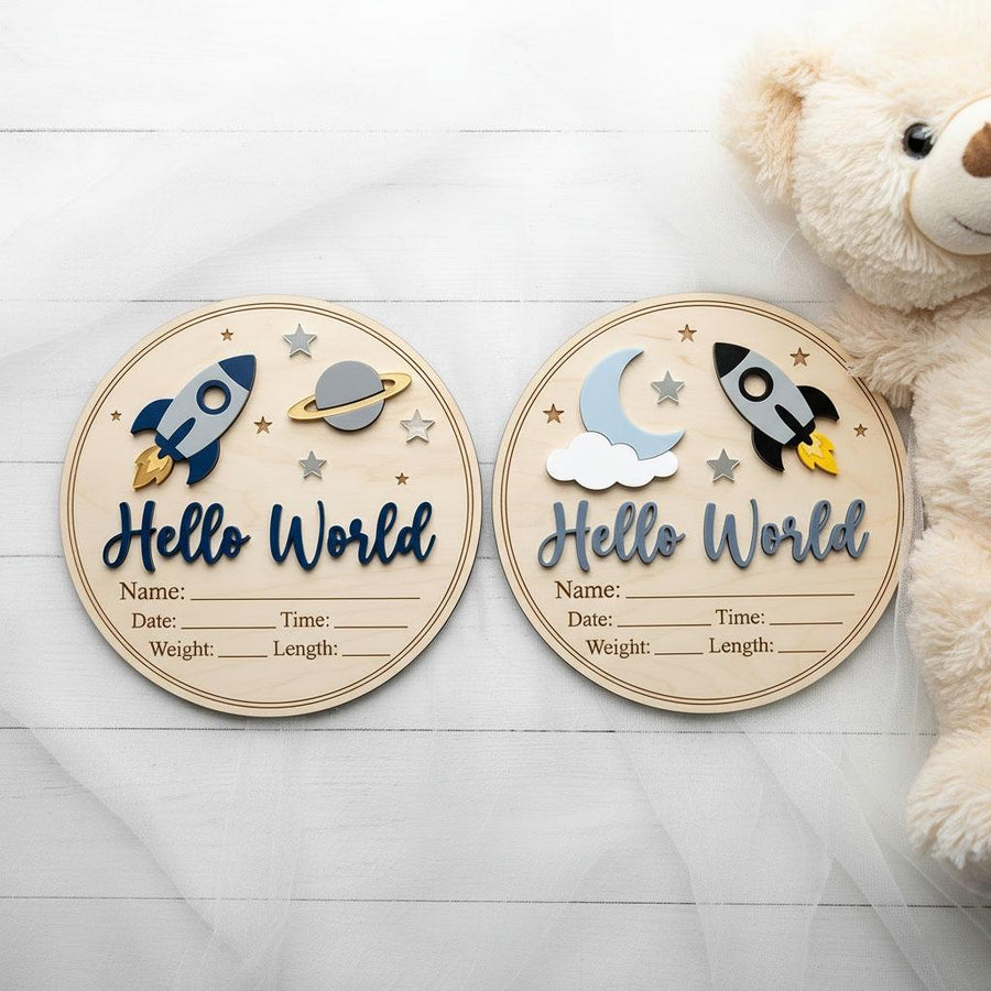 Blue Rocket Birth Stats Sign for Hospital | Round Wooden Newborn Name Plaque | Custom Baby Boy Announcement | Space Nursery Decor