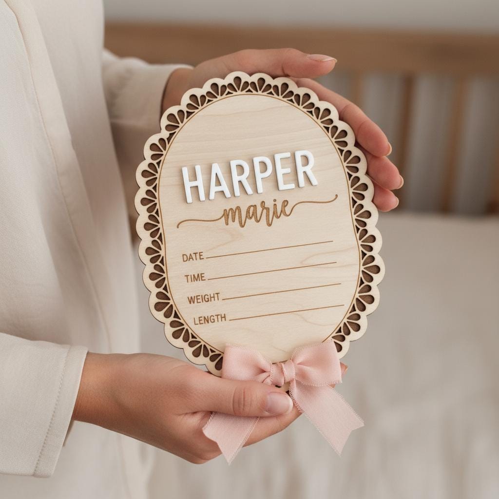Personalized Wooden Baby Birth Announcement Sign with Name and Details
