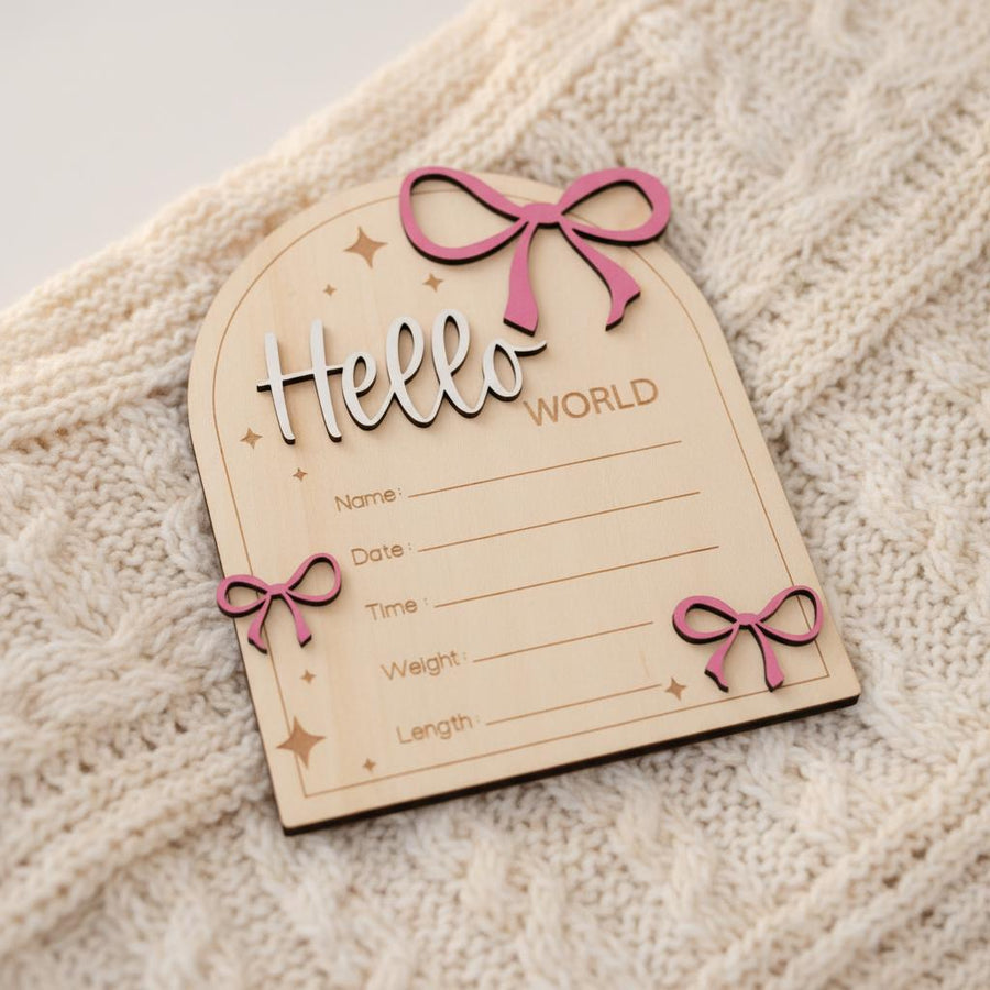 Hello World Wooden Baby Announcement Sign with Birth Details