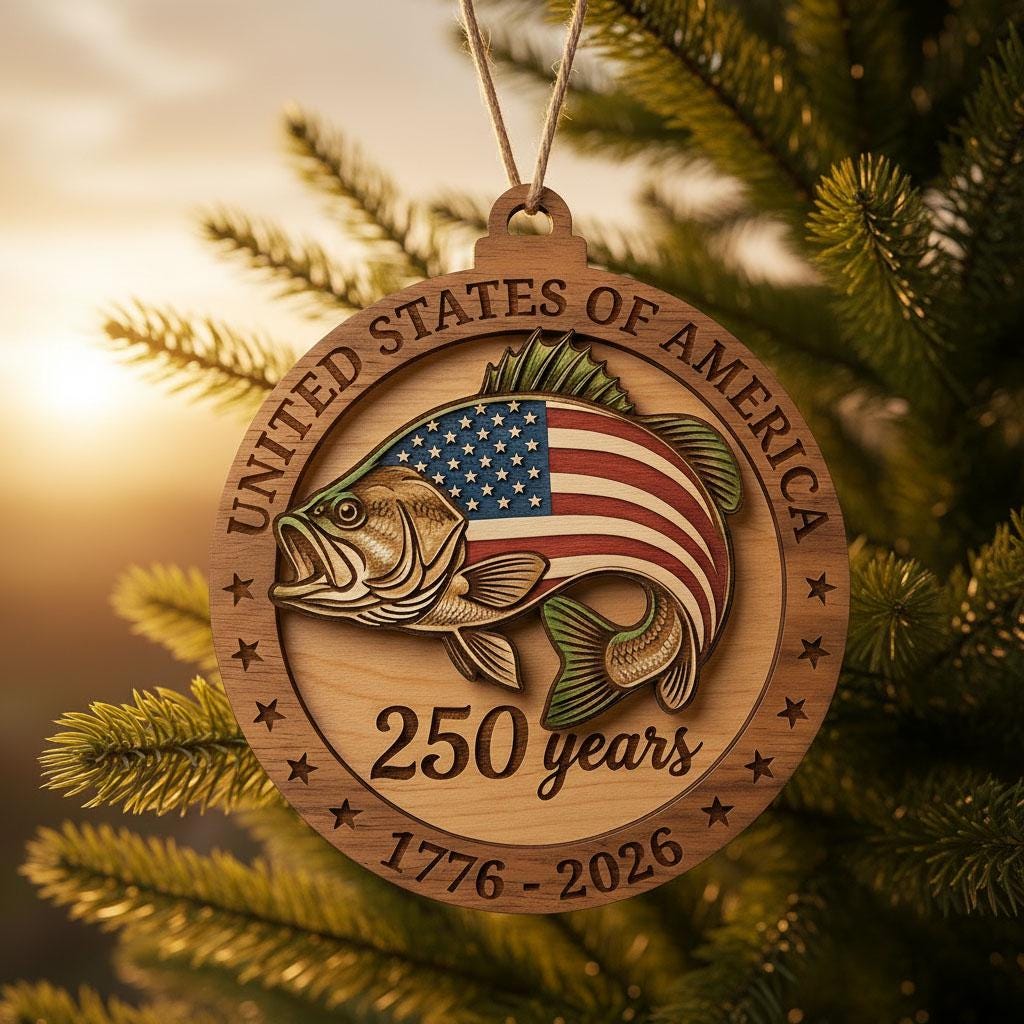 250th Anniversary Bass Fishing Ornament, US Semiquincentennial Gift for Fisherman, 1776-2026 Patriotic Fish Wood Keepsake Decor