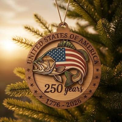 250th Anniversary Bass Fishing Ornament, US Semiquincentennial Gift for Fisherman, 1776-2026 Patriotic Fish Wood Keepsake Decor