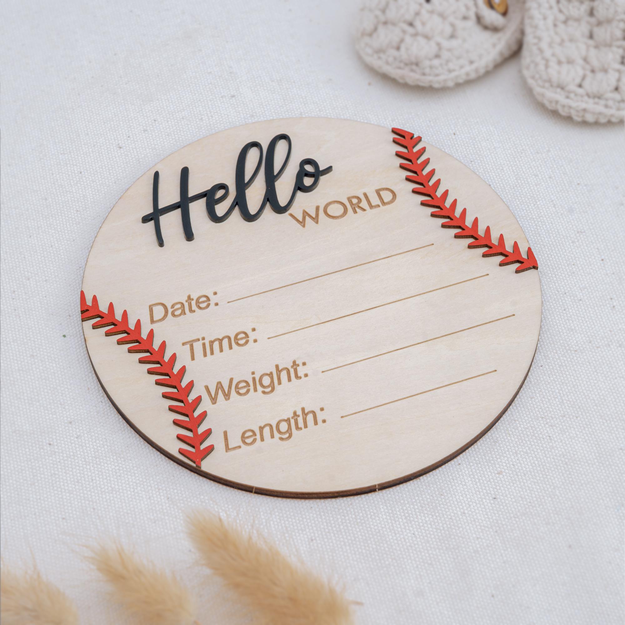 Personalized Baseball Birth Announcement Sign, Custom Hospital Baby Birth Stat Sign, Wooden Hello World Hospital Sign, Newborn Photo Prop