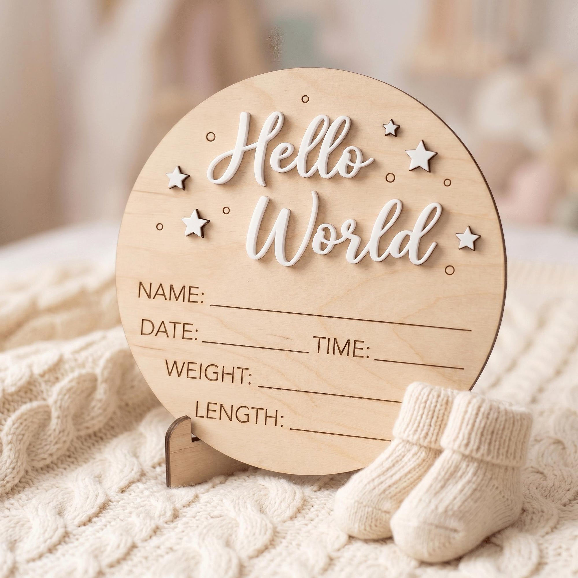 Celestial Stars Birth Stats Sign | 3D Star Wooden Baby Plaque | Acrylic Lettering Hello World Announcement | Neutral Nursery Prop