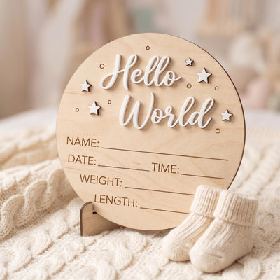 Celestial Stars Birth Stats Sign | 3D Star Wooden Baby Plaque | Acrylic Lettering Hello World Announcement | Neutral Nursery Prop