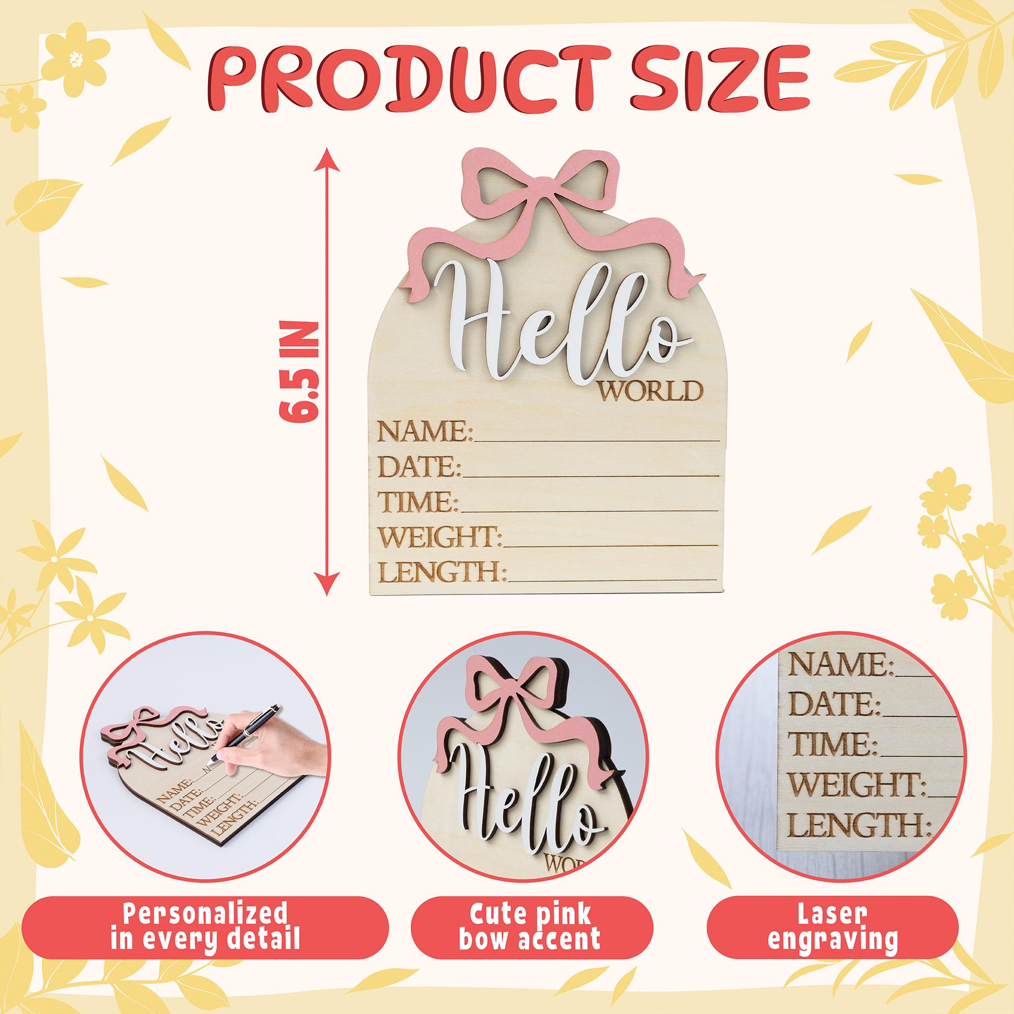 Hello World Sign With Pink Bow, Birth Stats Sign, Baby Girl Shower Gift Keepsake, Birth Announcement Sign, Baby Stats Announcement