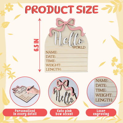 Hello World Sign With Pink Bow, Birth Stats Sign, Baby Girl Shower Gift Keepsake, Birth Announcement Sign, Baby Stats Announcement