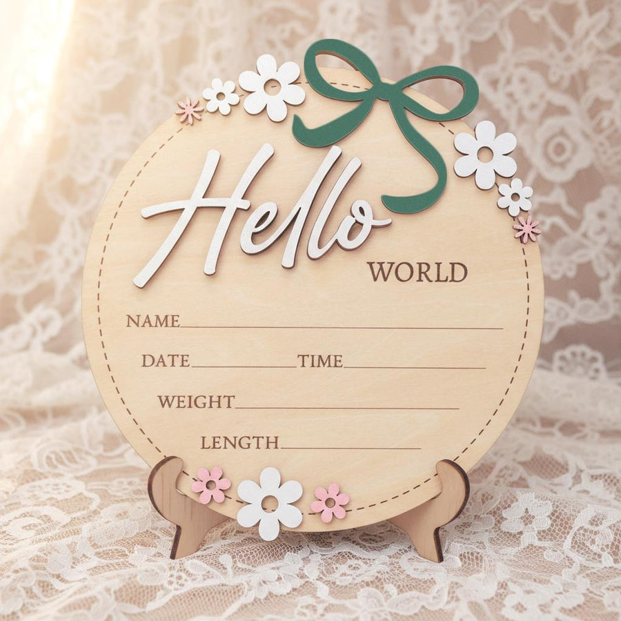 Baby Announcement Sign Pink Bow, Floral Baby Name Sign, Wooden Hello World Sign, Floral Birth Stats Sign,Floral Birth Announcement,Baby Sign