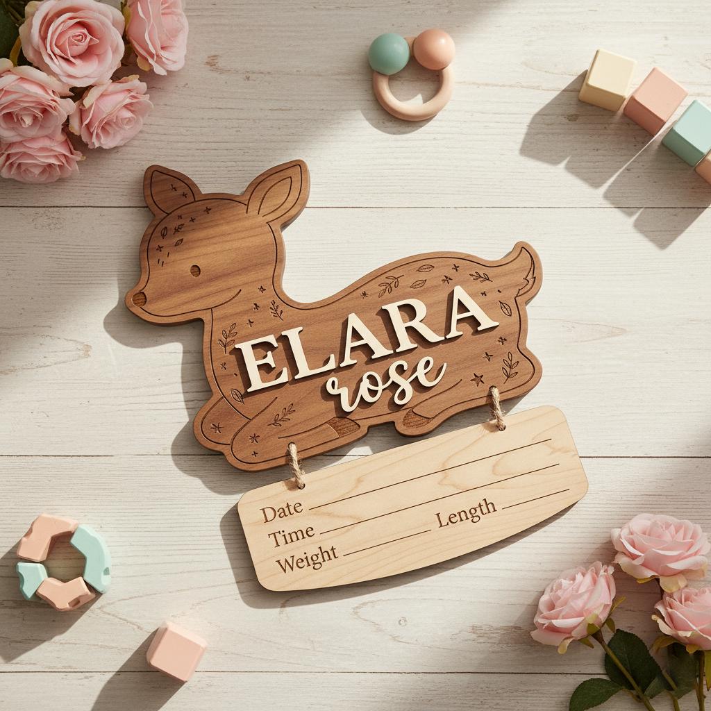 Woodland Deer Birth Stats Sign | Hanging Nameplate Wooden Newborn Plaque | Custom Baby Fawn Announcement | Forest Nursery Decor