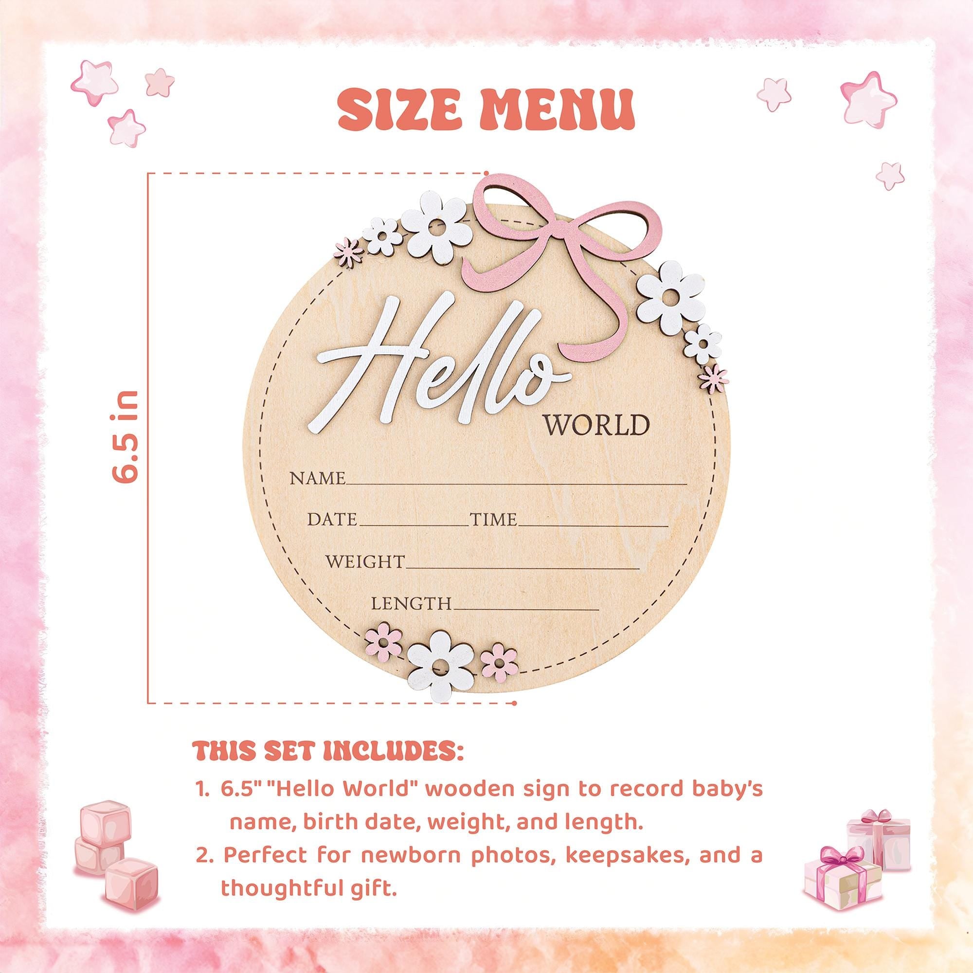 Baby Announcement Sign Pink Bow, Floral Baby Name Sign, Wooden Hello World Sign, Floral Birth Stats Sign,Floral Birth Announcement,Baby Sign