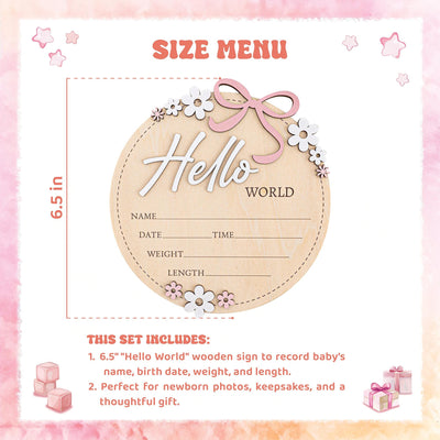 Baby Announcement Sign Pink Bow, Floral Baby Name Sign, Wooden Hello World Sign, Floral Birth Stats Sign,Floral Birth Announcement,Baby Sign