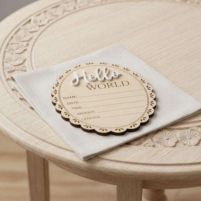 Scalloped Edge Birth Stats Sign | Oval Wooden Baby Plaque | 3D Acrylic Hello World Announcement | Vintage Girl Nursery Prop
