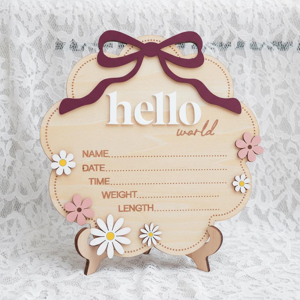 Berry Hello World Wooden Baby Birth Stats Sign Newborn Keepsake
