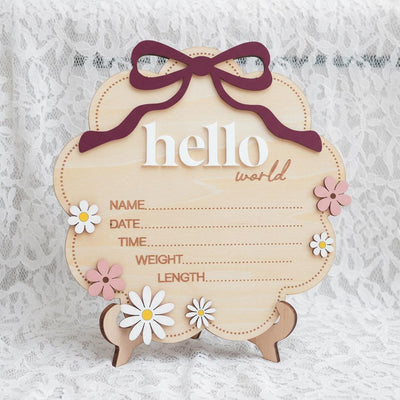 Berry Hello World Wooden Baby Birth Stats Sign Newborn Keepsake
