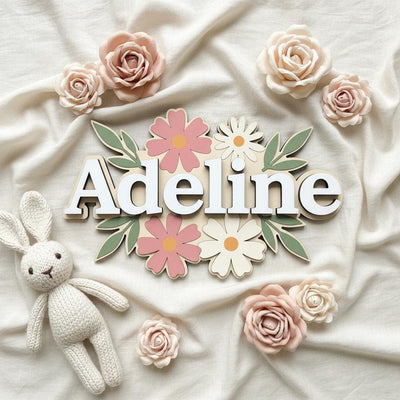 Personalized Baby Name Sign, Wooden Floral Nursery Name Plaque, Custom Baby Girl Room Decor, Flower Nursery Wall Decor
