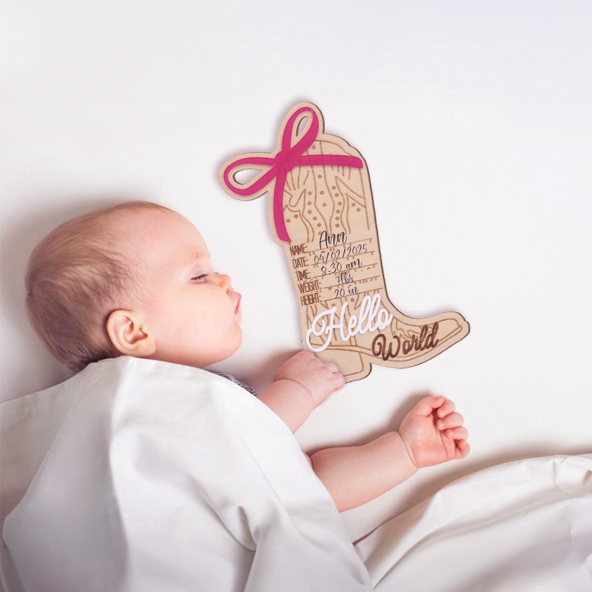 Cowgirl Baby Born Announcement Photo, Western Baby Girl Name Sign, Wooden Hello World Sign, Birth Stat Sign, Wooden Birth Announcement Sign