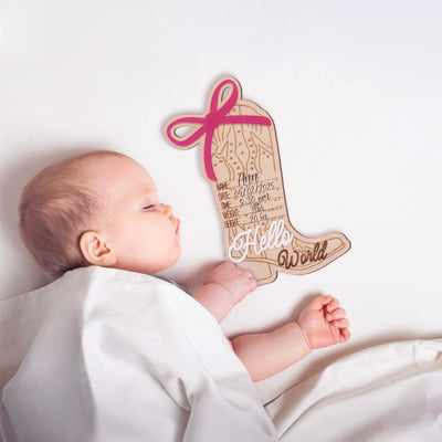 Cowgirl Baby Born Announcement Photo, Western Baby Girl Name Sign, Wooden Hello World Sign, Birth Stat Sign, Wooden Birth Announcement Sign