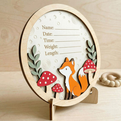 Woodland Fox Birth Stats Sign | Mushroom 3D Wooden Newborn Plaque | Custom Forest Baby Announcement | Neutral Nursery Decor