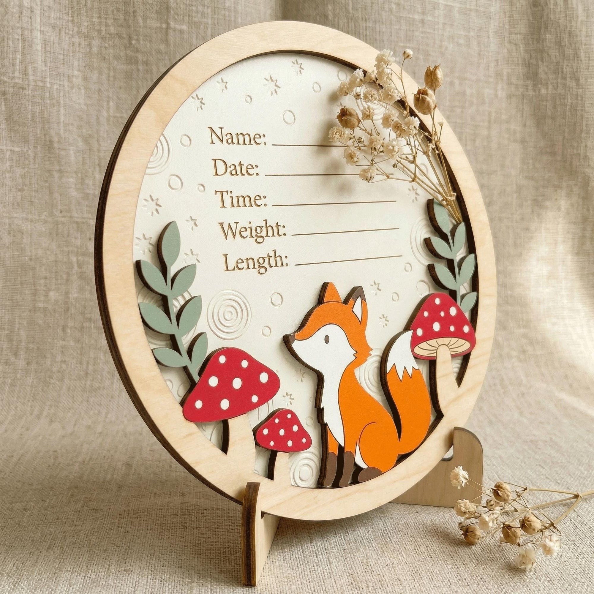 Woodland Fox Birth Stats Sign | Mushroom 3D Wooden Newborn Plaque | Custom Forest Baby Announcement | Neutral Nursery Decor