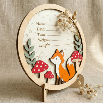 Woodland Fox Birth Stats Sign | Mushroom 3D Wooden Newborn Plaque | Custom Forest Baby Announcement | Neutral Nursery Decor