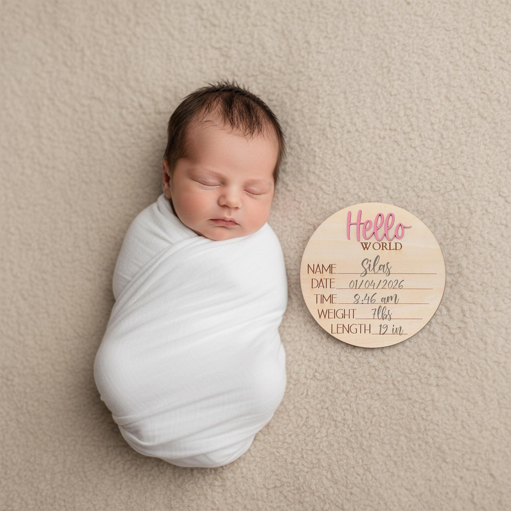 Hello World Baby Birth Stats Sign Personalized Wooden Newborn Announcement