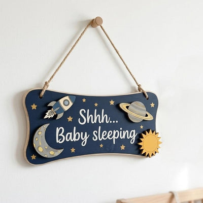 Baby Sleeping Door Sign Do Not Disturb | Outer Space Wooden Hanger | Rocket Ship Shh Plaque | Custom Galaxy Boy Nursery Decor