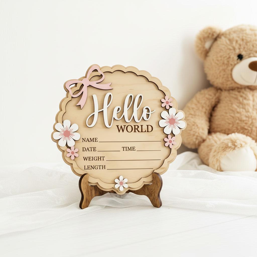 Coquette Pink Bow Birth Sign | 3D Daisy Scalloped Plaque | Acrylic Hello World Announcement | Shabby Chic Girl Nursery Prop