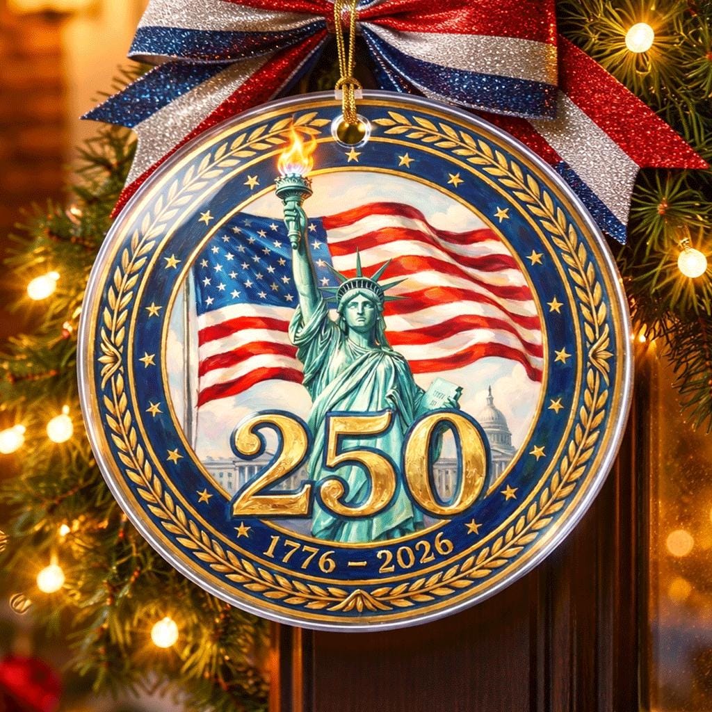 Lady Liberty 250th Ornament, Semiquincentennial Gold Laurel Gift, 1776-2026 USA Milestone Decor, America 250th Anniversary