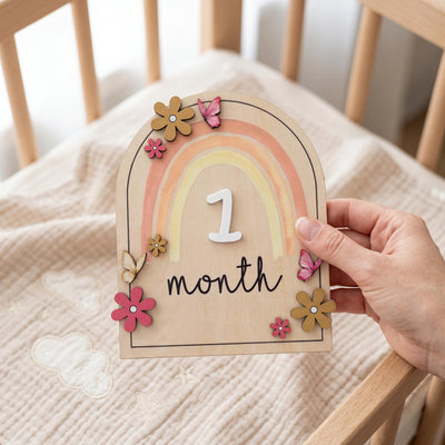 Double Sided Milestone Set | Reversible Boho Rainbow Wood Disc | 3D Butterfly Monthly Card | Custom Baby Girl Nursery Prop