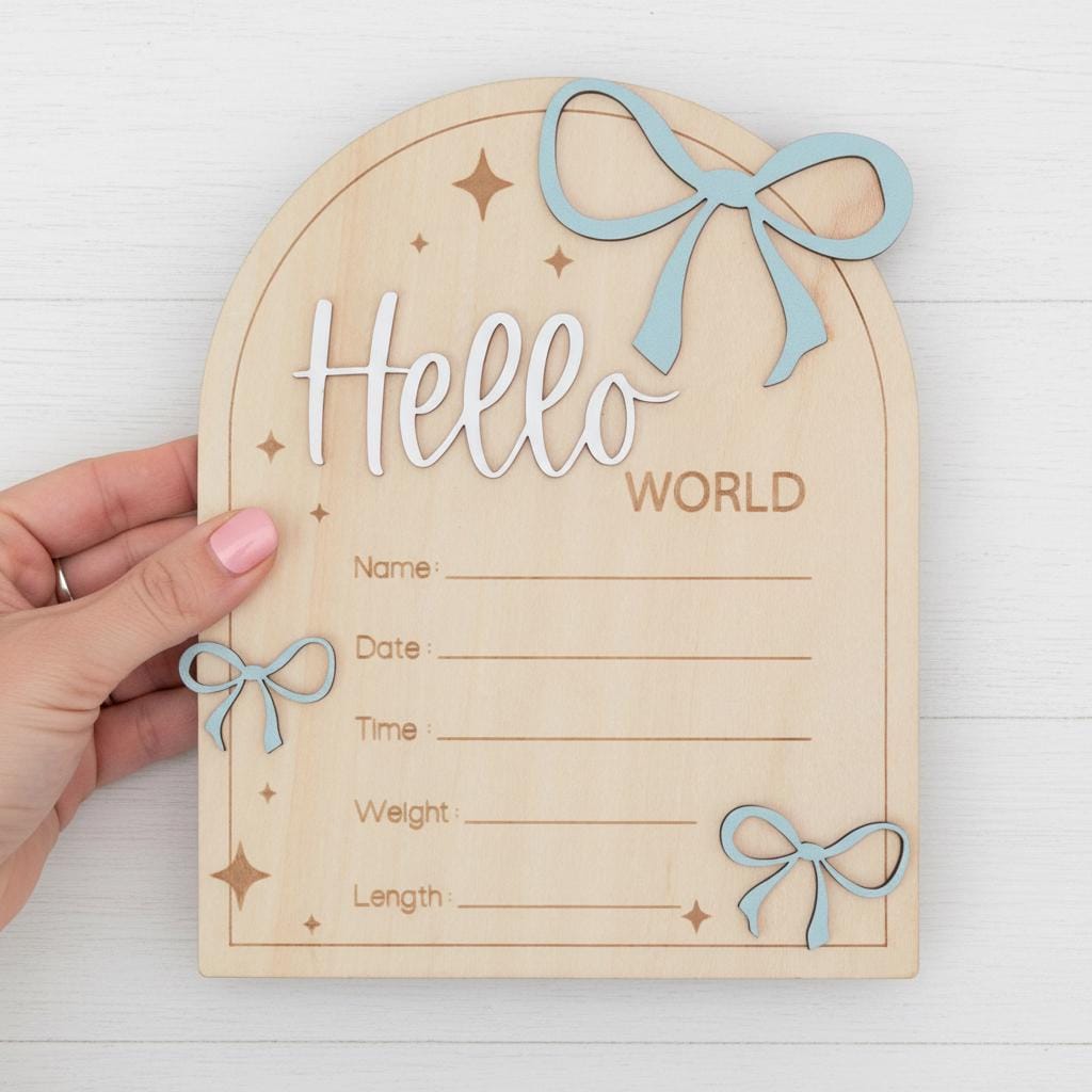 Hello World Wooden Birth Announcement Sign for Newborn Baby Photos