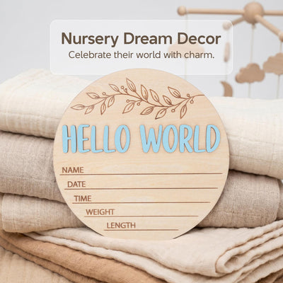 Blue Hello World Birth Stats Sign | 3D Botanical Leaf Wooden Plaque | Round Baby Boy Announcement Disc | Nursery Prop | Baby Shower Gift