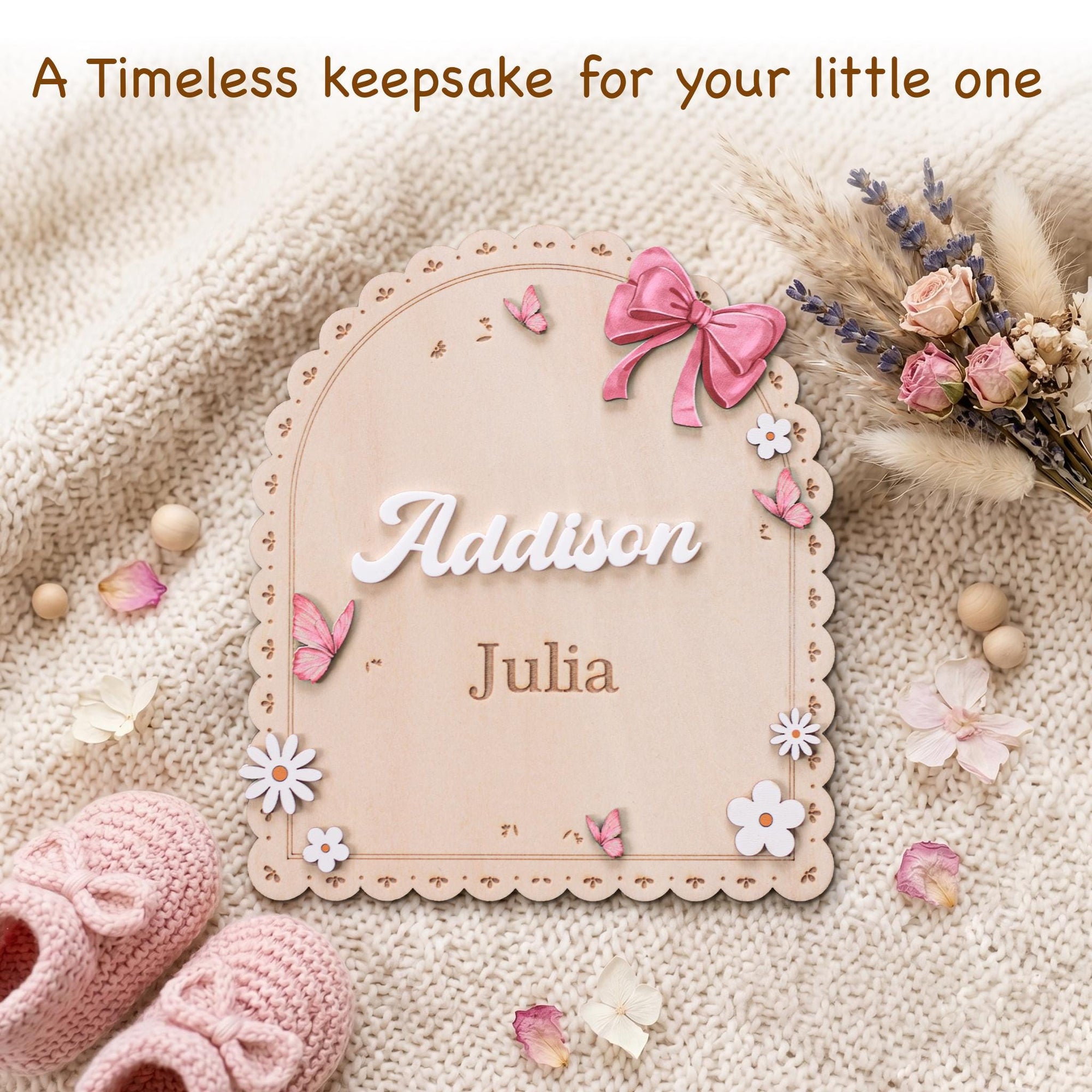 Personalized Baby Name Sign for Nursery Pink Bow Birth Announcement Sign for Hospital Custom Wood Name Plate Girl Newborn Gift