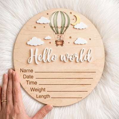 Hot Air Balloon Birth Stats Sign | 3D Mouse Wooden Baby Plaque | Acrylic Hello World Announcement | Neutral Adventure Prop