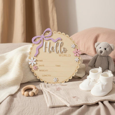 Floral Hello World Baby Sign Wooden Birth Stats Baby Girl Announcement