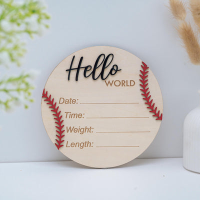 Personalized Baseball Birth Announcement Sign, Custom Hospital Baby Birth Stat Sign, Wooden Hello World Hospital Sign, Newborn Photo Prop
