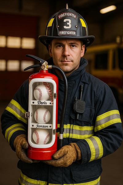Personalized Repurposed Fire Extinguisher Baseball Display Case, Personalized Memorabilia Shelf