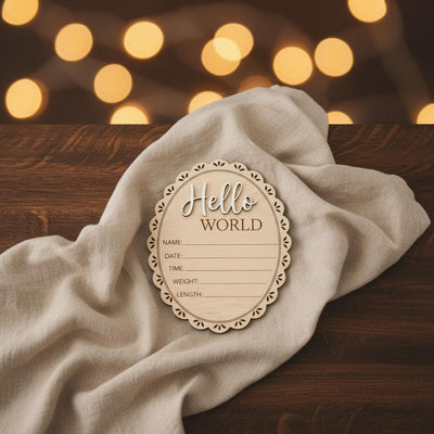 Scalloped Edge Birth Stats Sign | Oval Wooden Baby Plaque | 3D Acrylic Hello World Announcement | Vintage Girl Nursery Prop