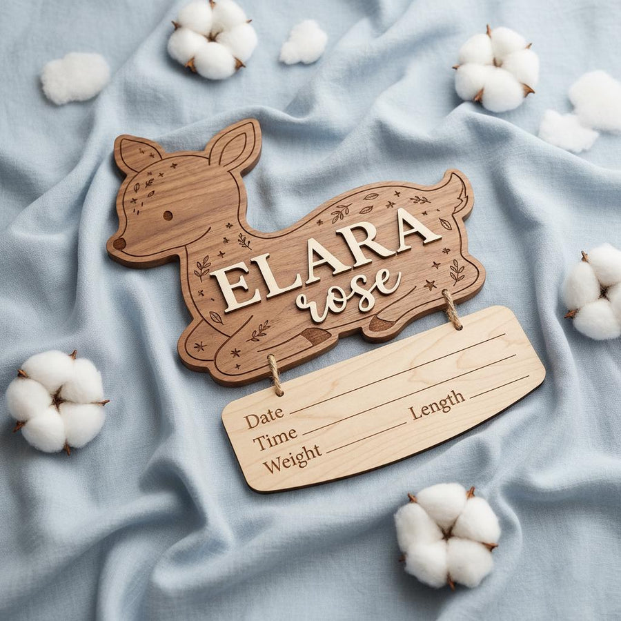 Woodland Deer Birth Stats Sign | Hanging Nameplate Wooden Newborn Plaque | Custom Baby Fawn Announcement | Forest Nursery Decor