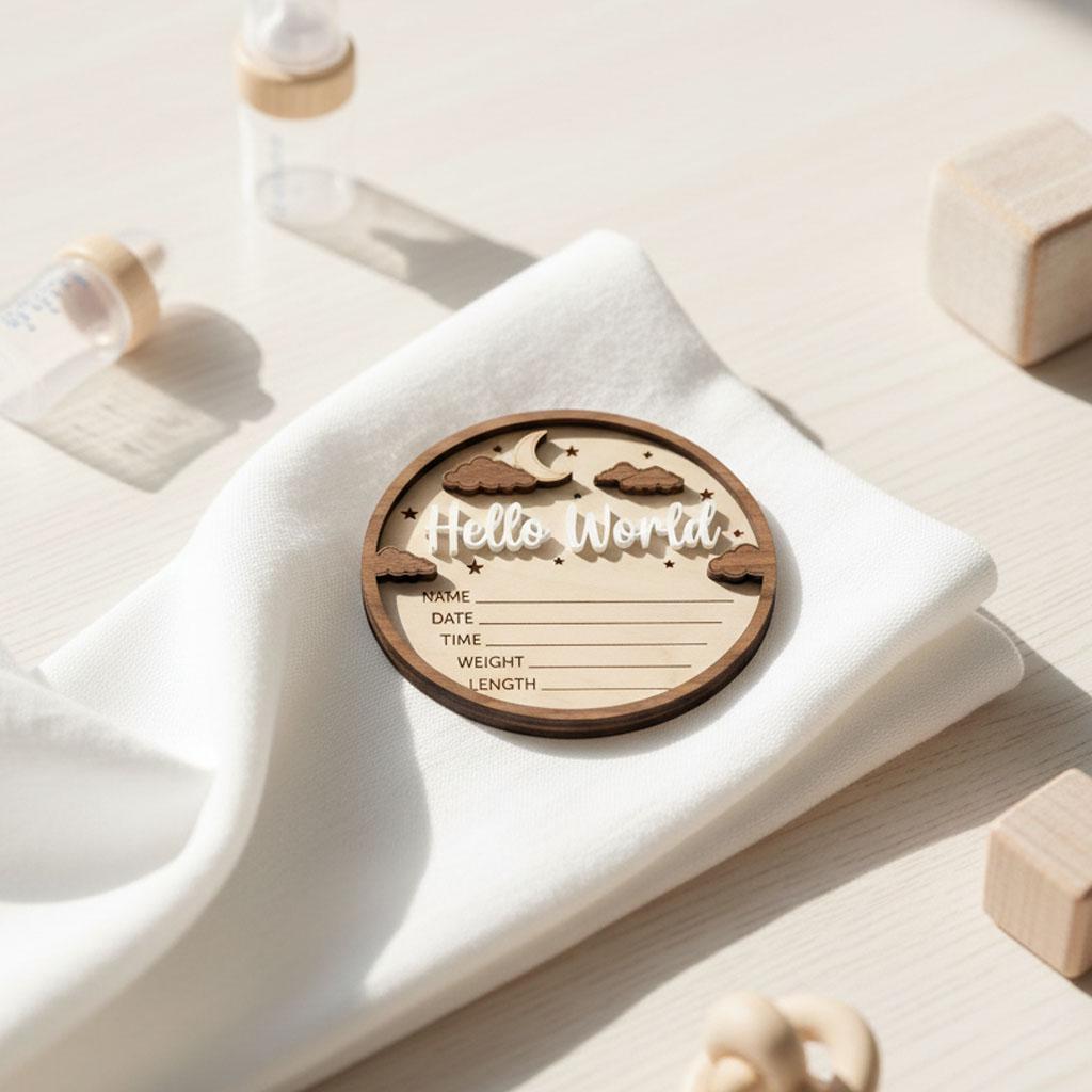 3D Moon Stars Birth Stats Sign | Walnut Frame Wood Baby Plaque | Acrylic Hello World Announcement | Neutral Nursery Decor