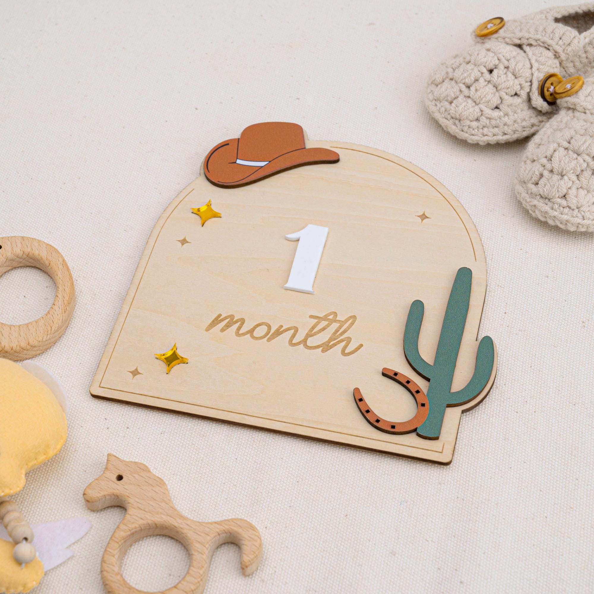 Western Baby Milestone Sign, Wooden Cowboy Monthly Milestone, Rustic Nursery Decor, Interchangeable Monthly Milestones, Newborn Photo Prop